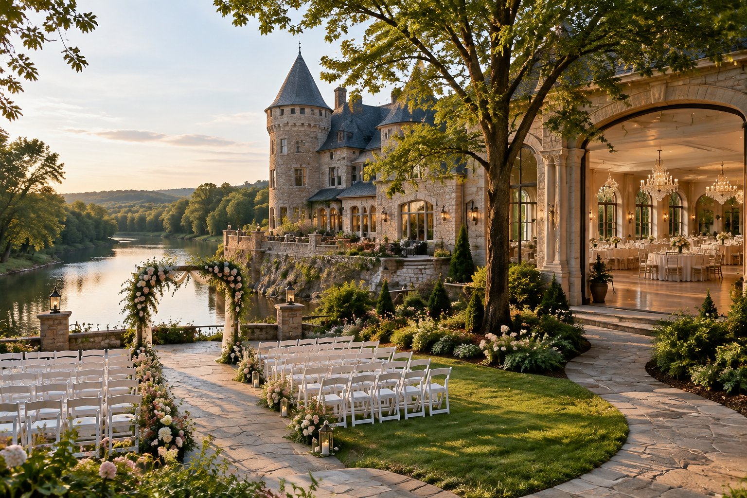A castle-inspired wedding venue beside a river with a garden ceremony area and an elegant ballroom visible through large windows.