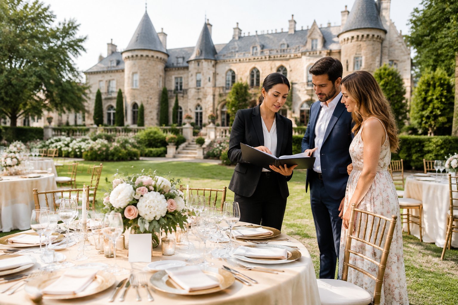 A couple consults a wedding coordinator beside an elegant castle-style venue and arranged reception table.