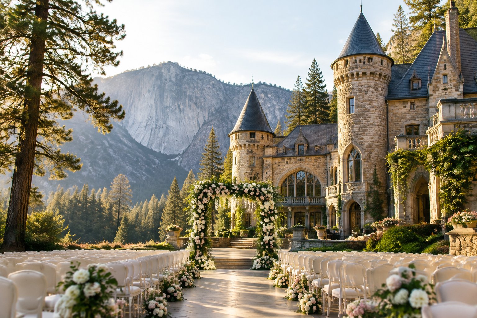 A stone castle-style wedding venue surrounded by Yosemite mountains, pine trees, and a decorated outdoor ceremony area.