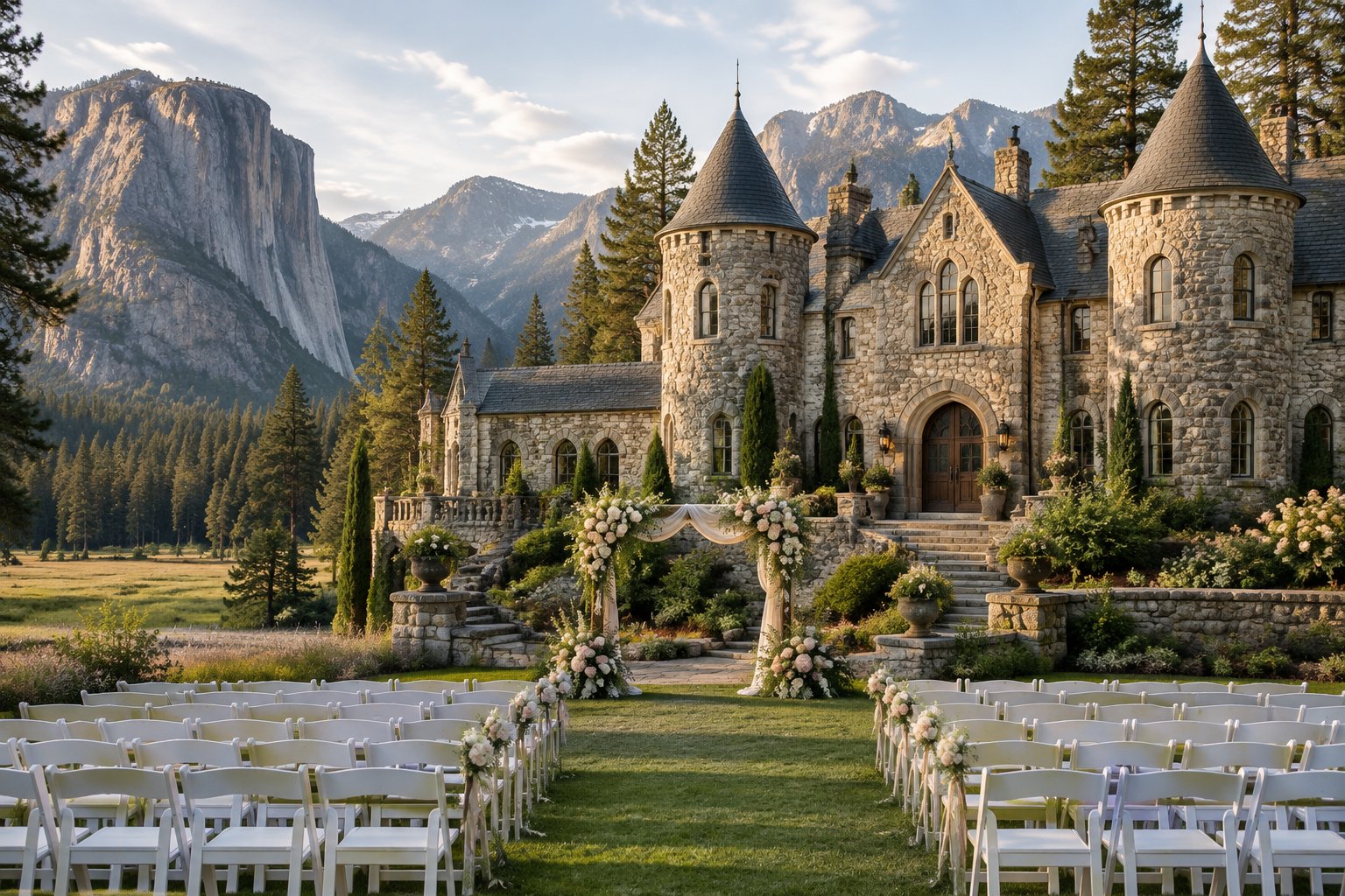 A stone castle-style wedding venue surrounded by pine trees, meadow, and mountain cliffs, with an outdoor ceremony setup in front.