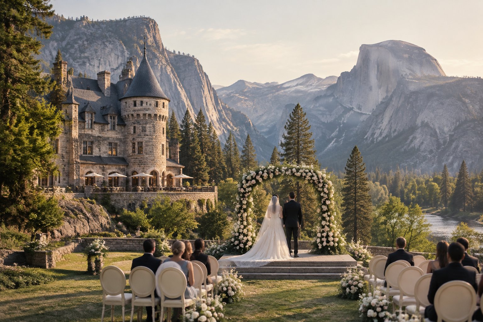 A wedding ceremony in a Yosemite park beside a grand stone castle, with mountains and pine trees in the background.