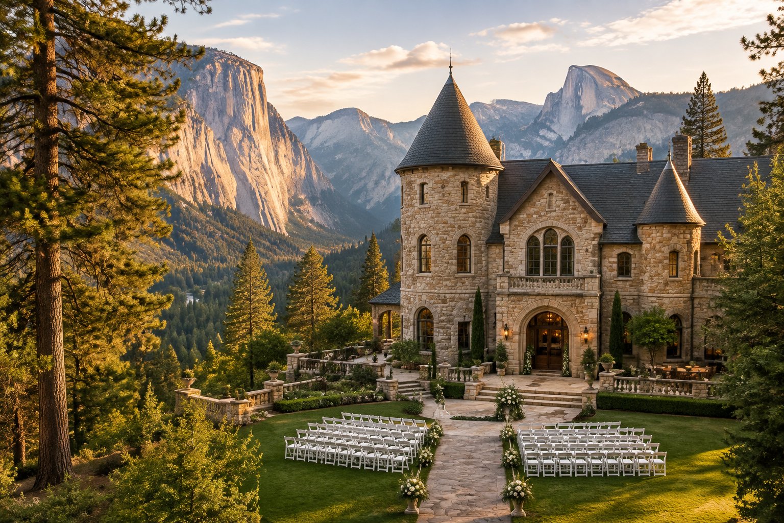 A castle-inspired wedding venue surrounded by pine forests, manicured lawns, and Yosemite mountain scenery.