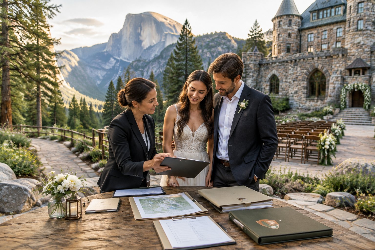 A couple and wedding coordinator review permit documents at a table outside a castle-like venue in Yosemite.