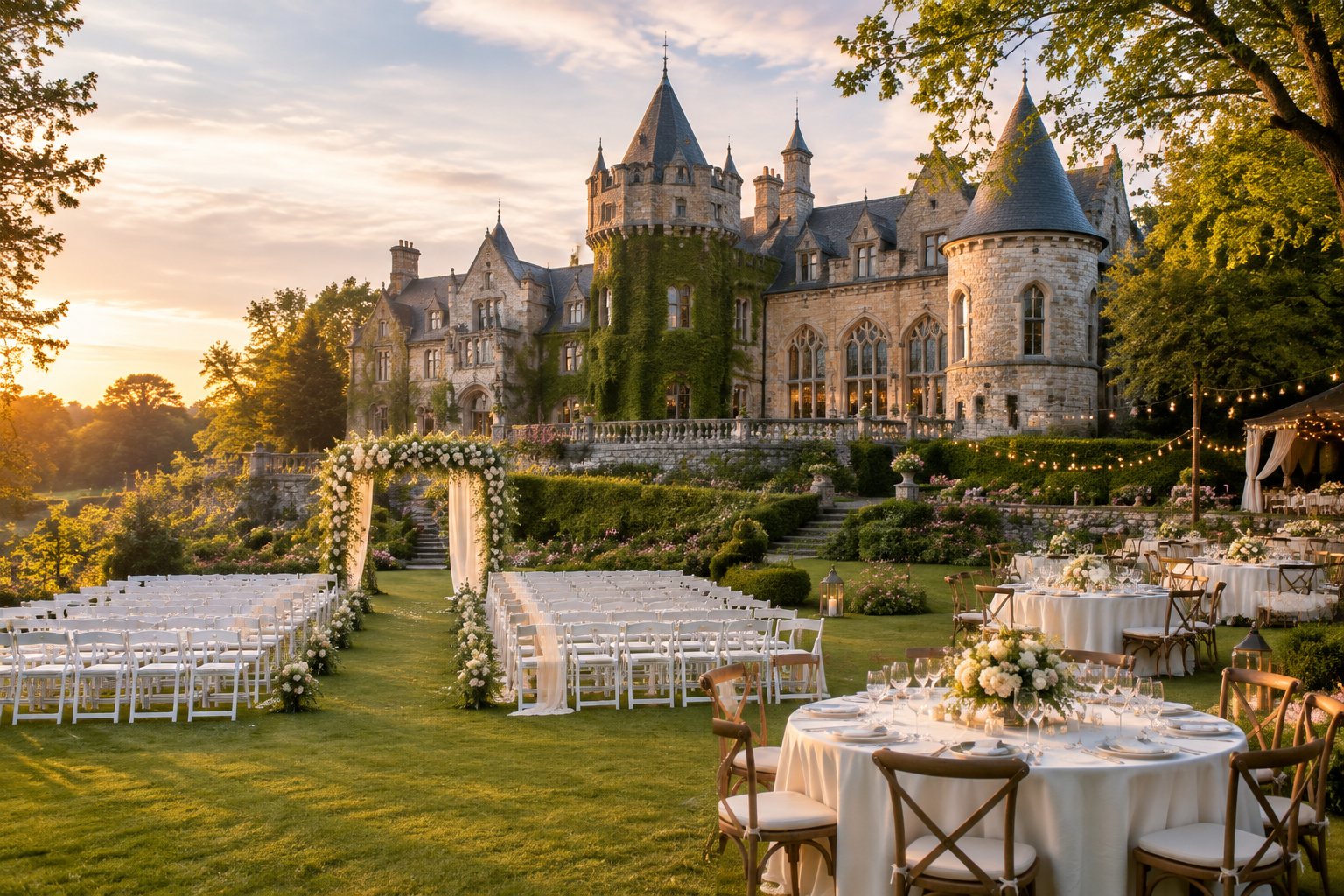 A grand stone castle wedding venue surrounded by gardens, with an outdoor ceremony and reception setup.