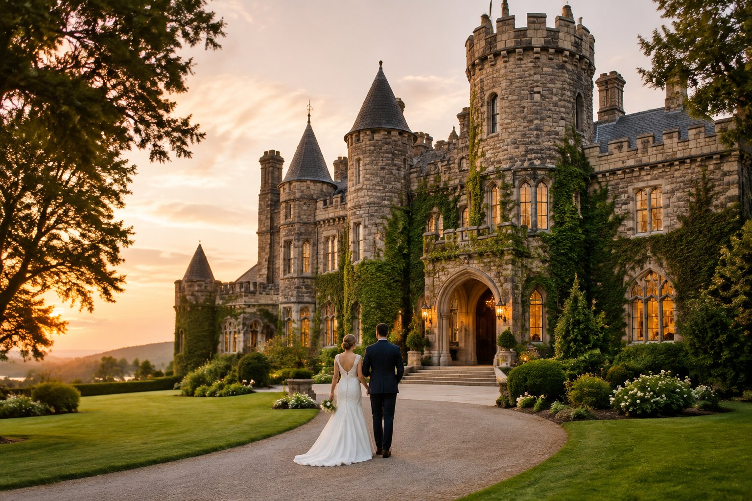A couple walks toward an elegant historic castle wedding venue surrounded by landscaped grounds.