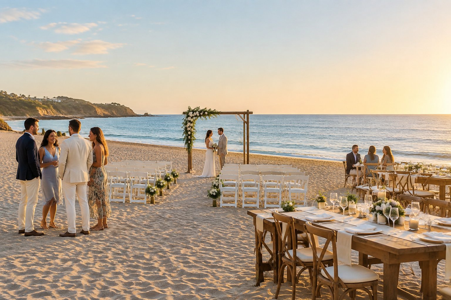 A simple beach wedding ceremony with white chairs, a floral arch, guests, and a reception area beside the ocean.