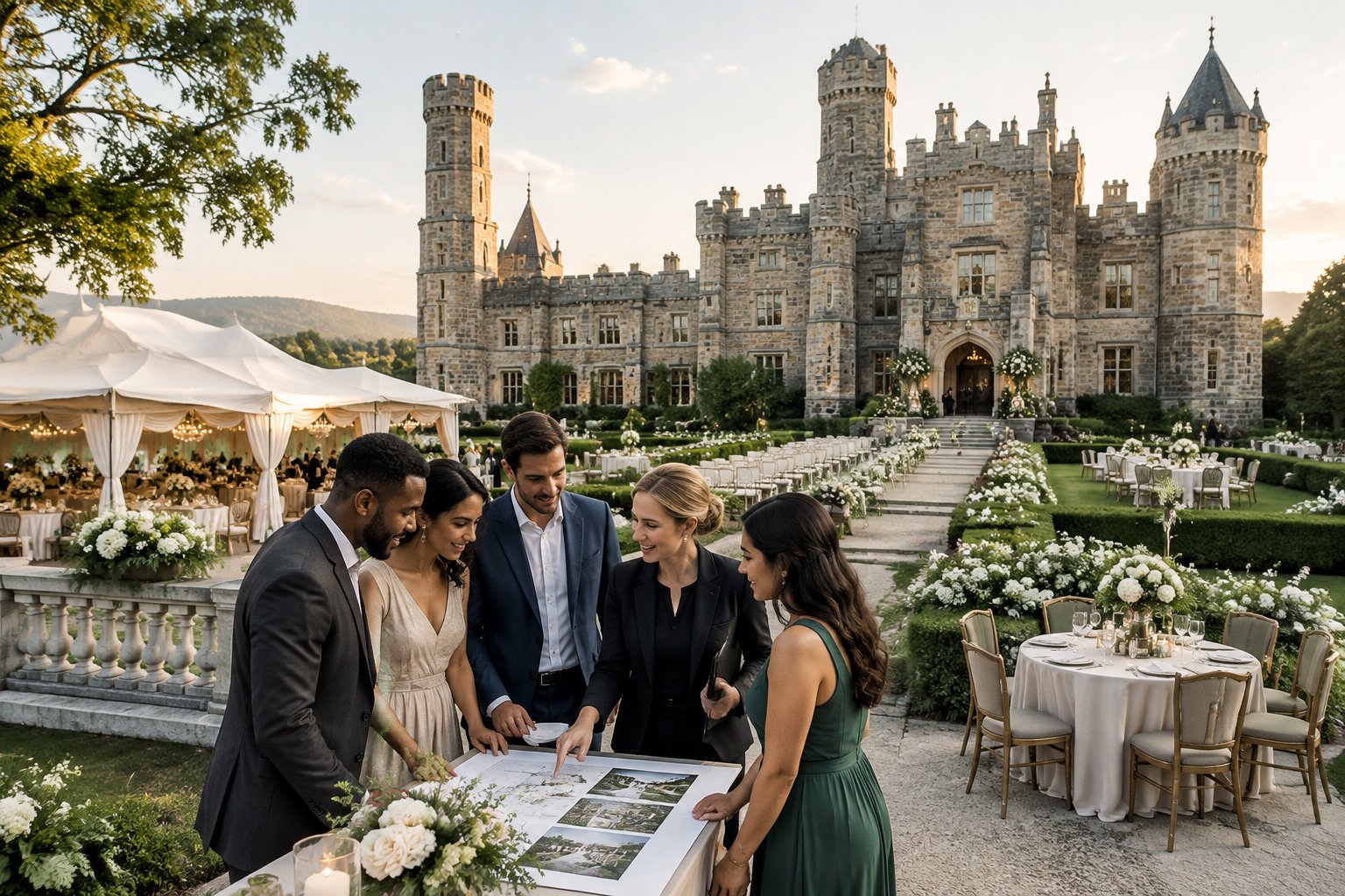 A couple and wedding guests tour a historic castle venue with several garden and reception spaces.