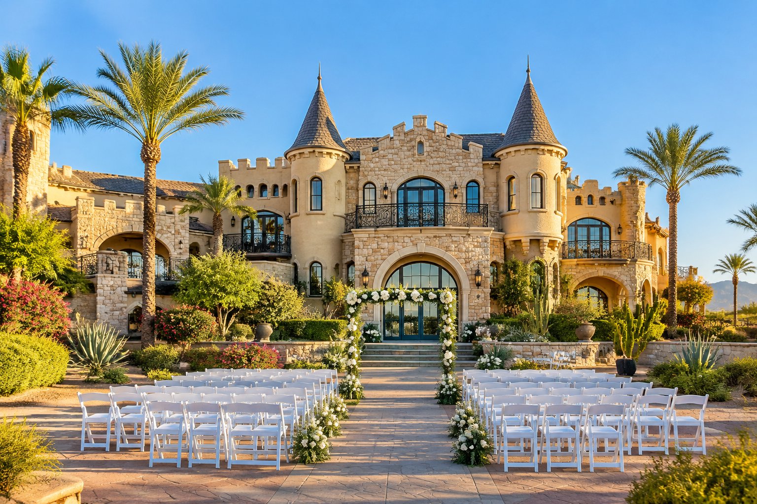 A castle-inspired wedding venue with turrets, gardens, and an outdoor ceremony setup in a sunny desert landscape.