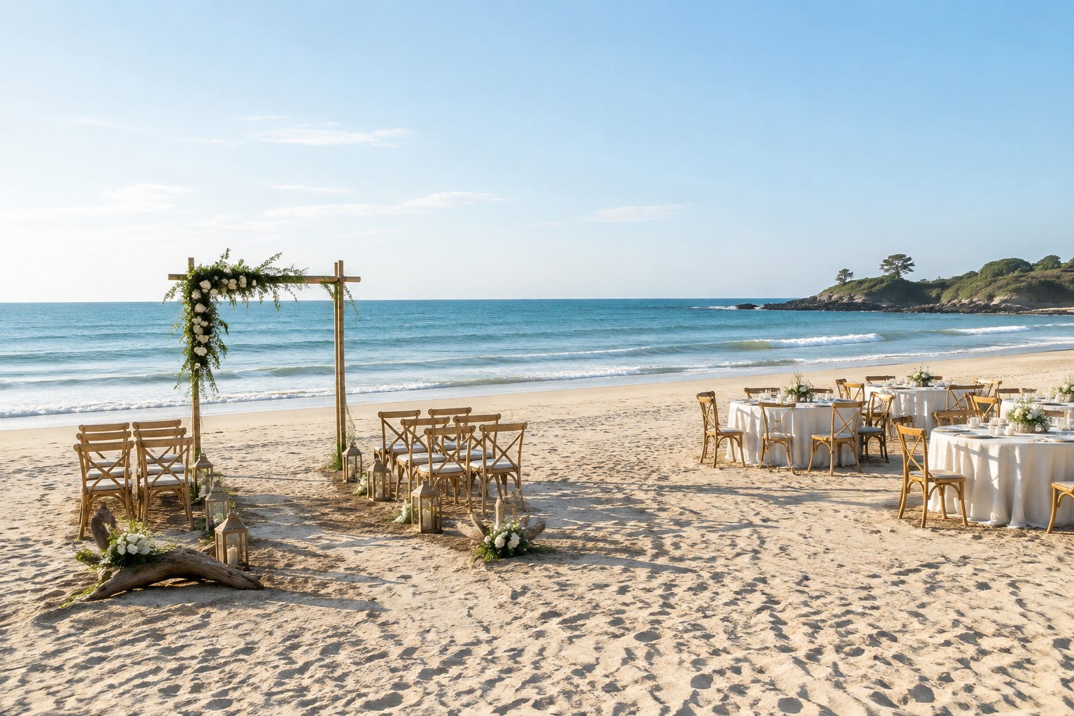 A simple wedding ceremony setup on a sandy beach beside the ocean.