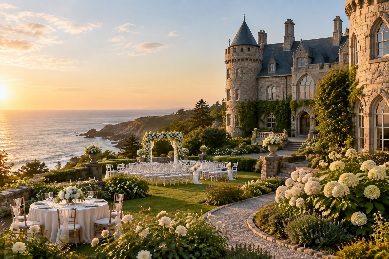 A stone castle estate beside the sea with a landscaped garden and a softly decorated wedding ceremony area.