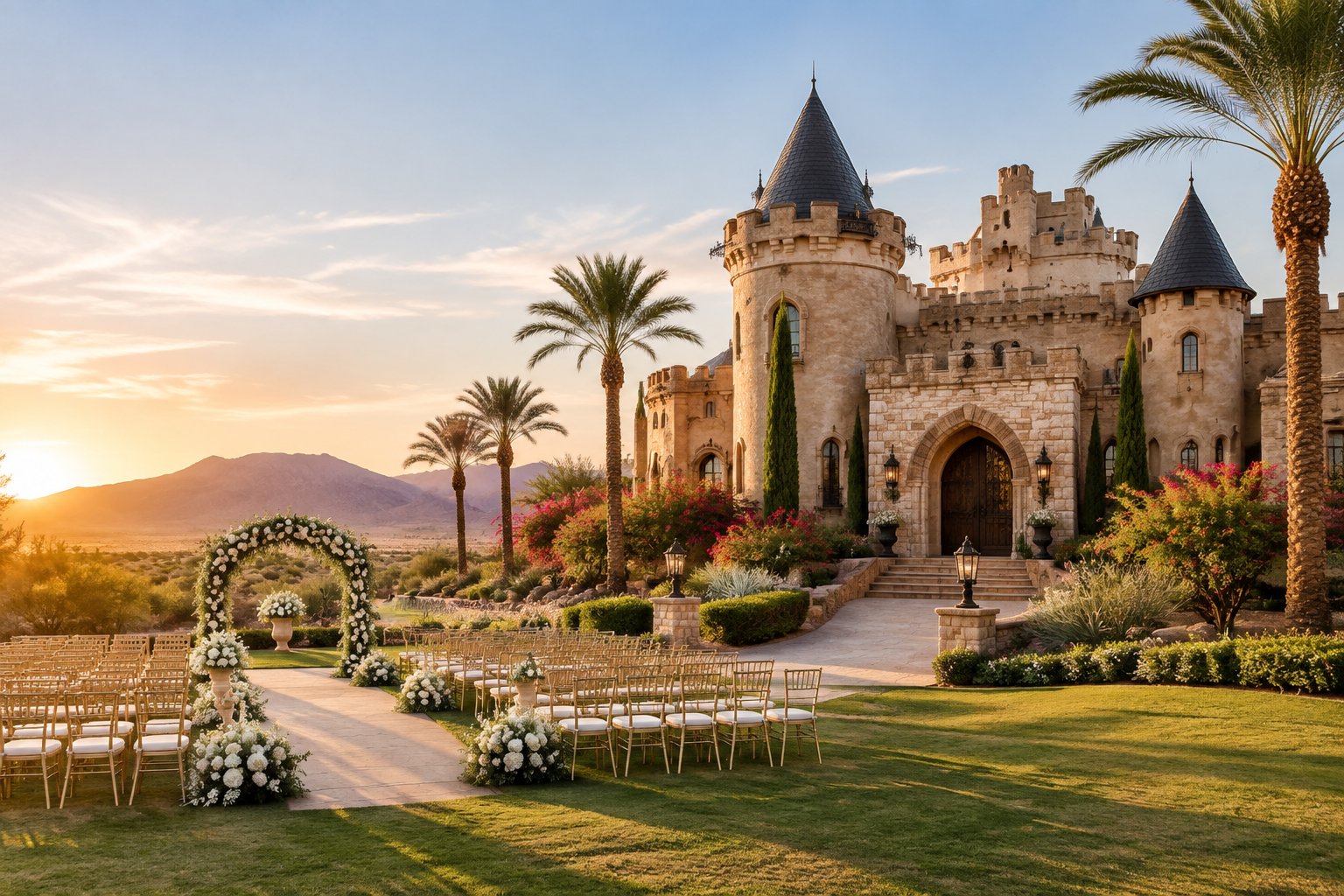 A castle-inspired wedding venue surrounded by desert landscaping near Yuma.
