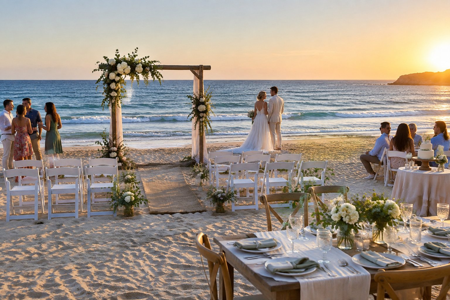 A couple celebrates at a simple beach wedding ceremony with white chairs, flowers, and a small reception table.
