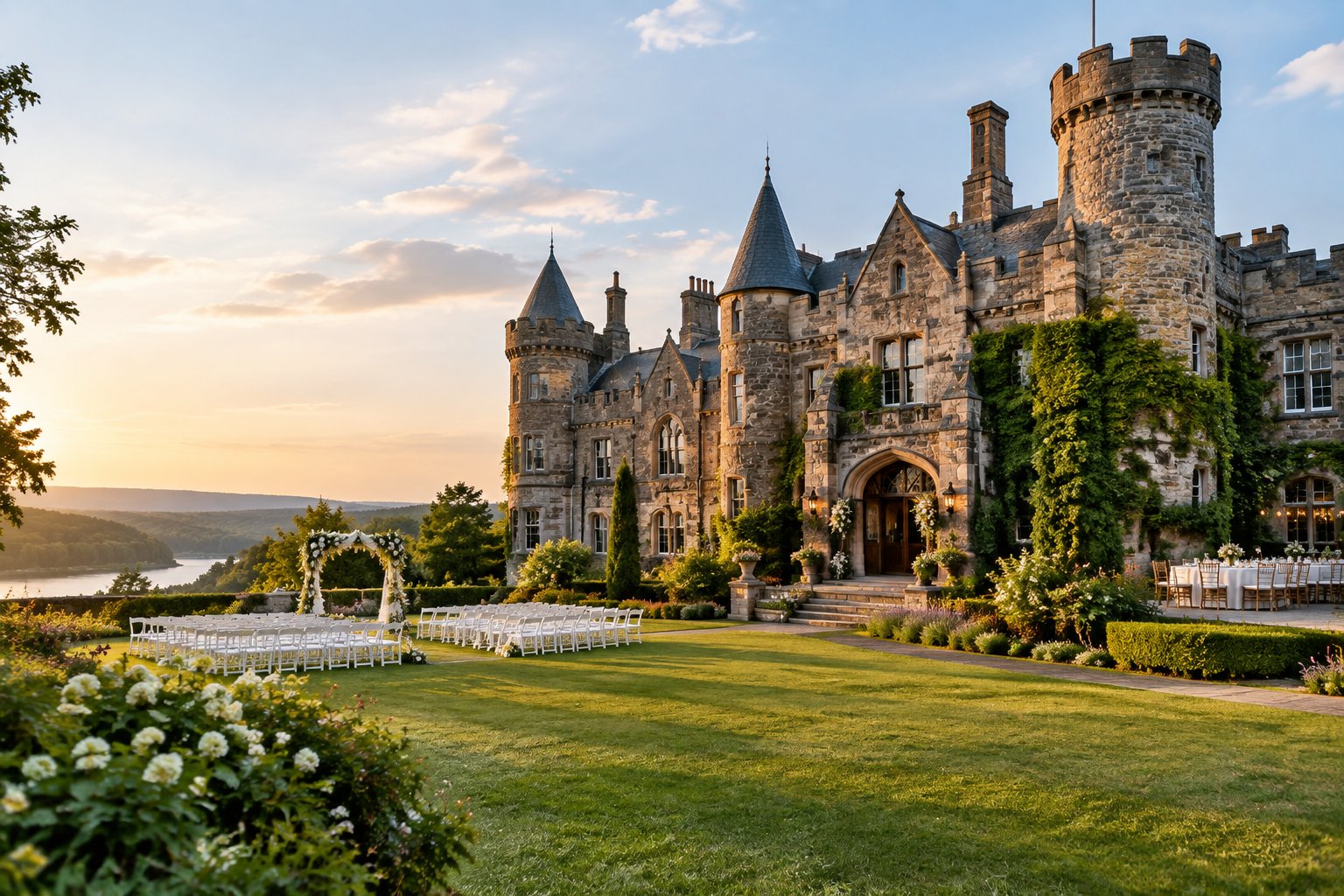 A historic stone castle wedding venue surrounded by gardens, ceremony chairs, and a floral arch.