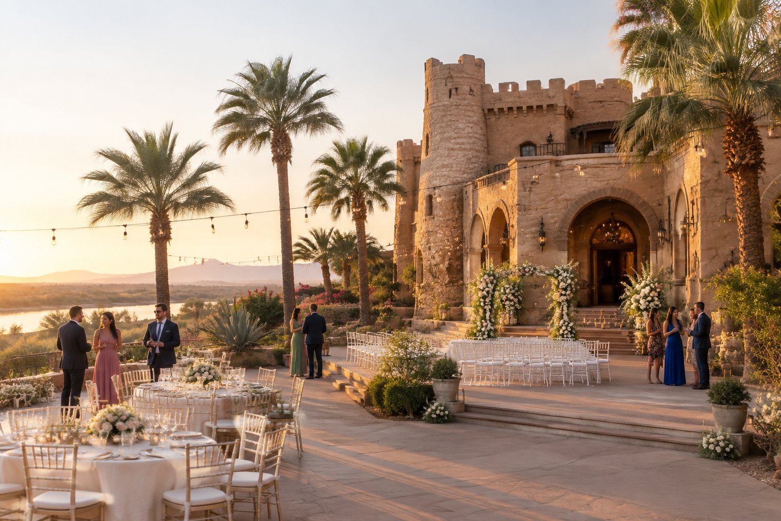 An elegant outdoor wedding celebration beside a historic castle-inspired venue in a desert setting.