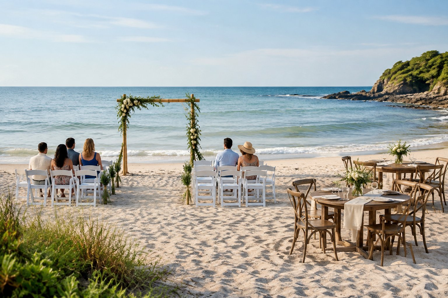 A small beach wedding ceremony with neatly arranged chairs, a simple floral arch, and a nearby reception area by the ocean.