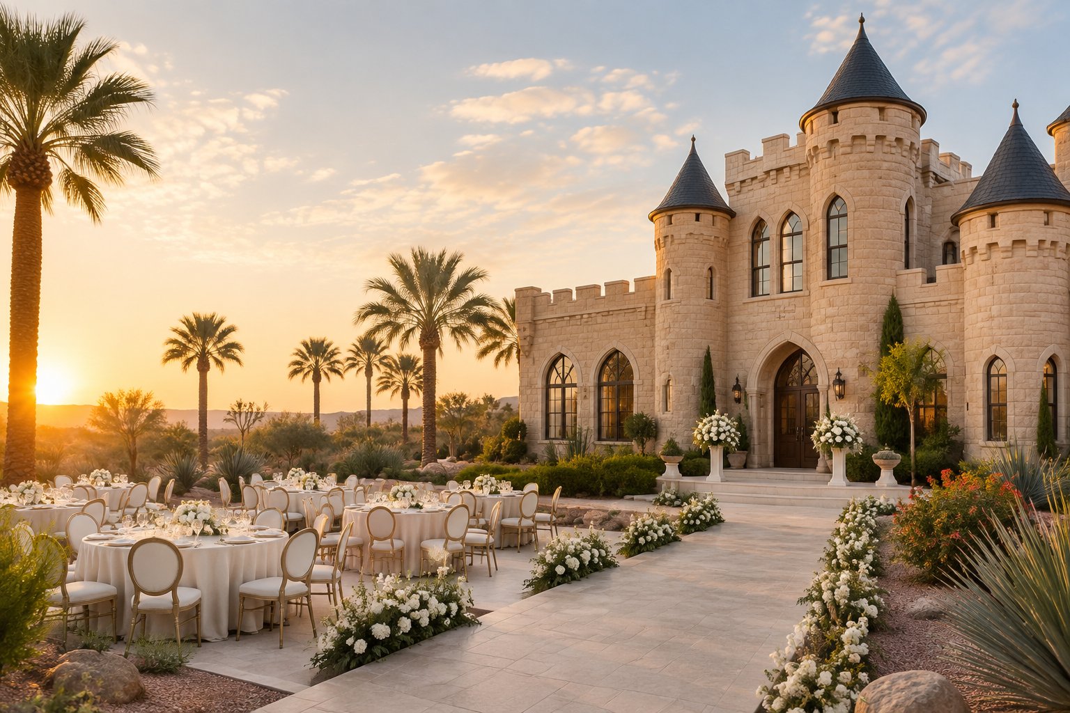 A castle-style wedding venue with elegant outdoor decorations and desert landscaping at sunset.
