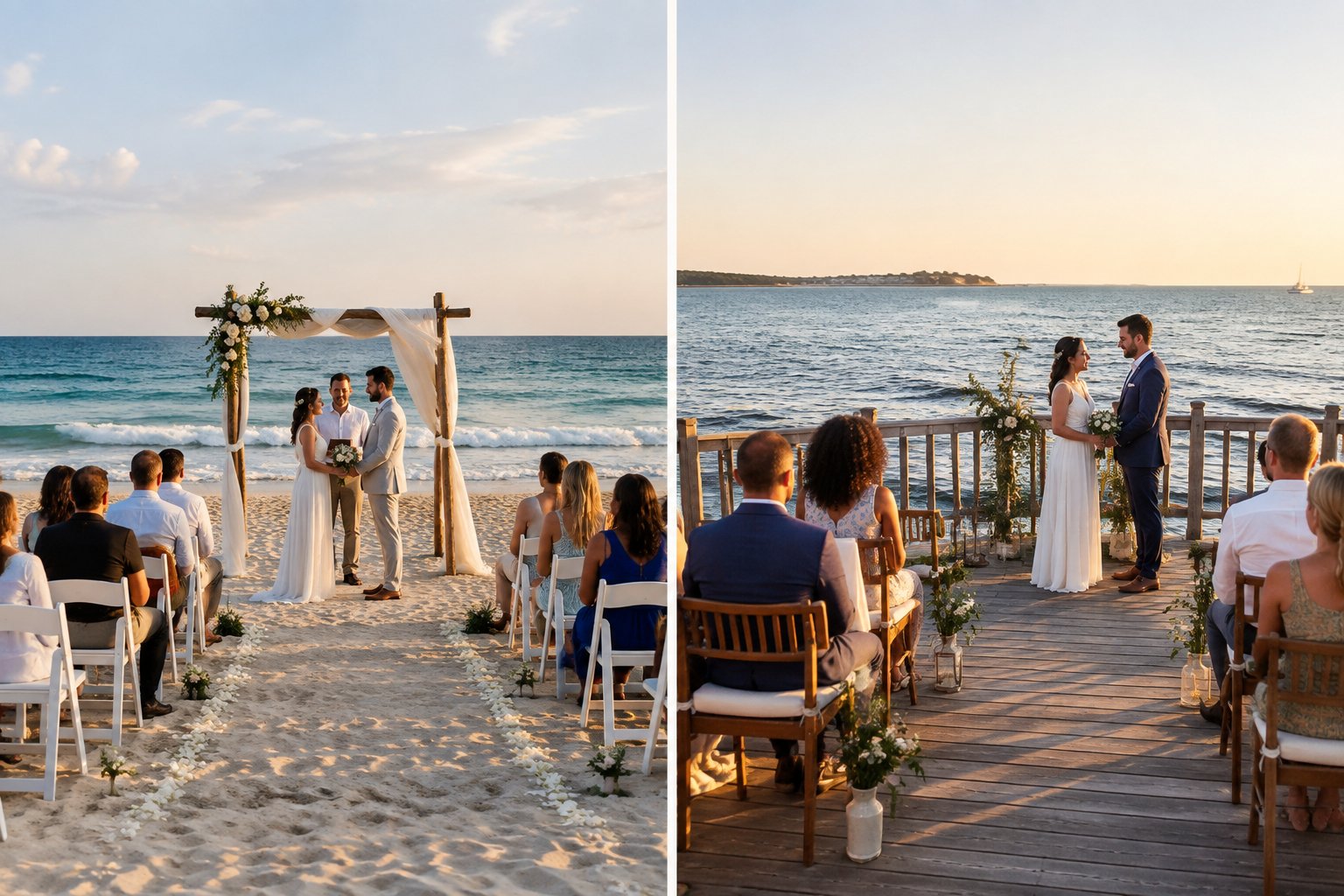 A couple and guests compare a simple sandy beach wedding ceremony with a modest waterfront venue overlooking the ocean.