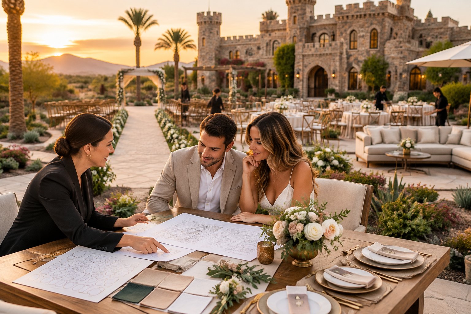 A couple and wedding planner review arrangements at an elegant castle-style wedding venue in a desert garden.