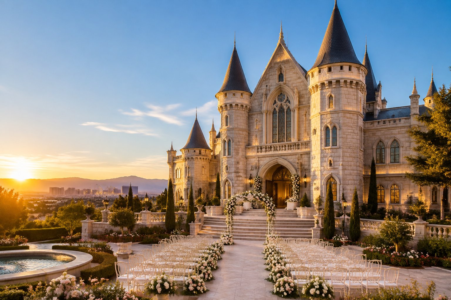 A grand castle-style wedding venue in Las Vegas with landscaped gardens and an outdoor ceremony setup.