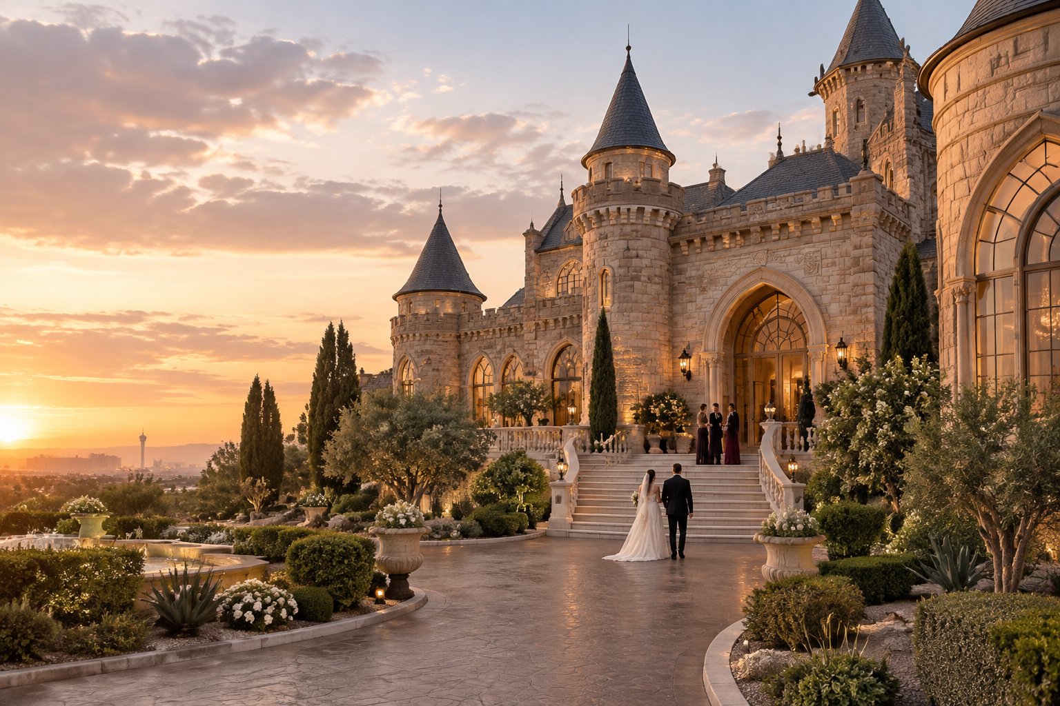 A couple and guests approach an elegant castle-inspired wedding venue in Las Vegas.