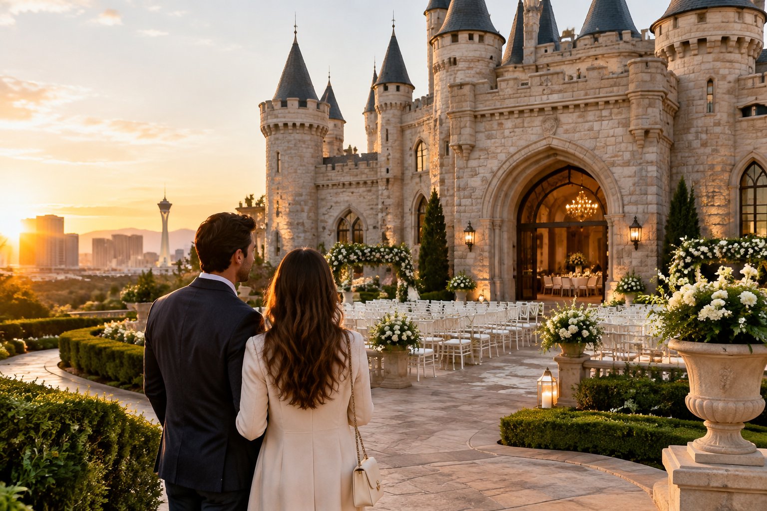 A couple explores an elegant castle wedding venue with gardens and stone towers.