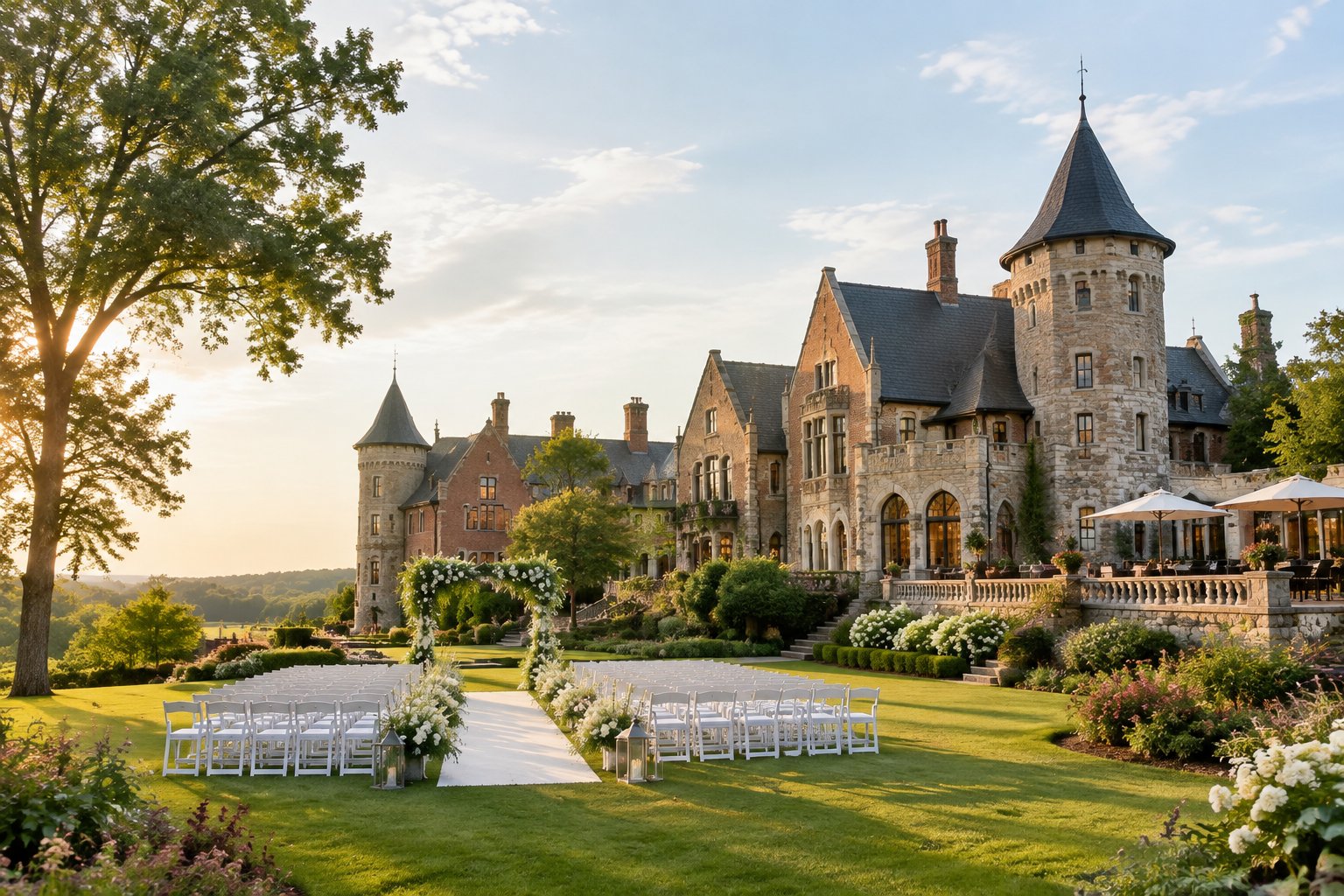 A castle-inspired wedding venue surrounded by gardens and manicured lawns.
