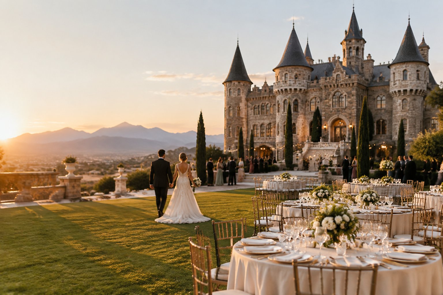 A couple walks toward an elegant castle wedding venue with decorated reception tables on a sunny lawn.