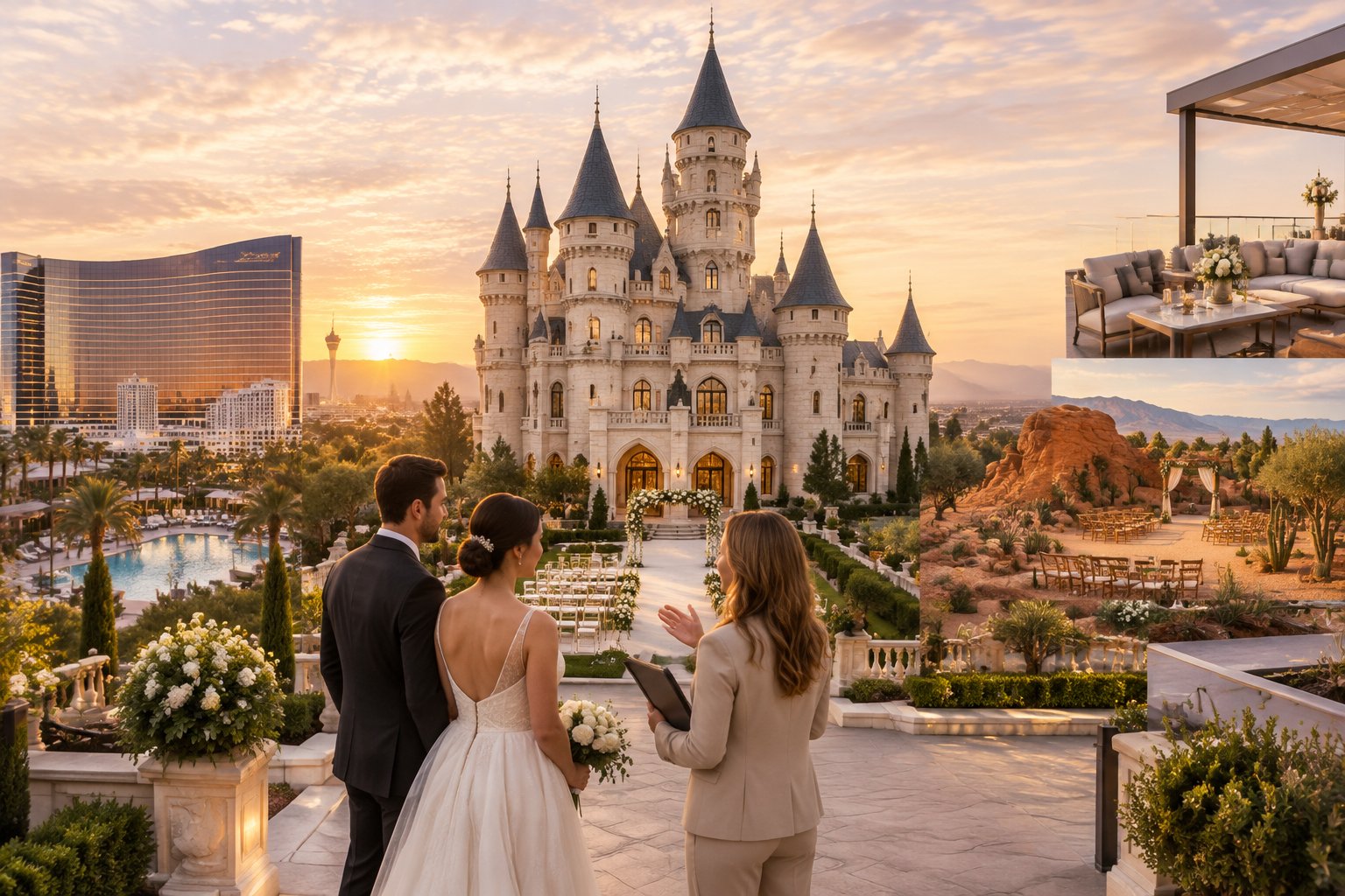 A couple compares wedding venue options beside a castle-style venue in Las Vegas.