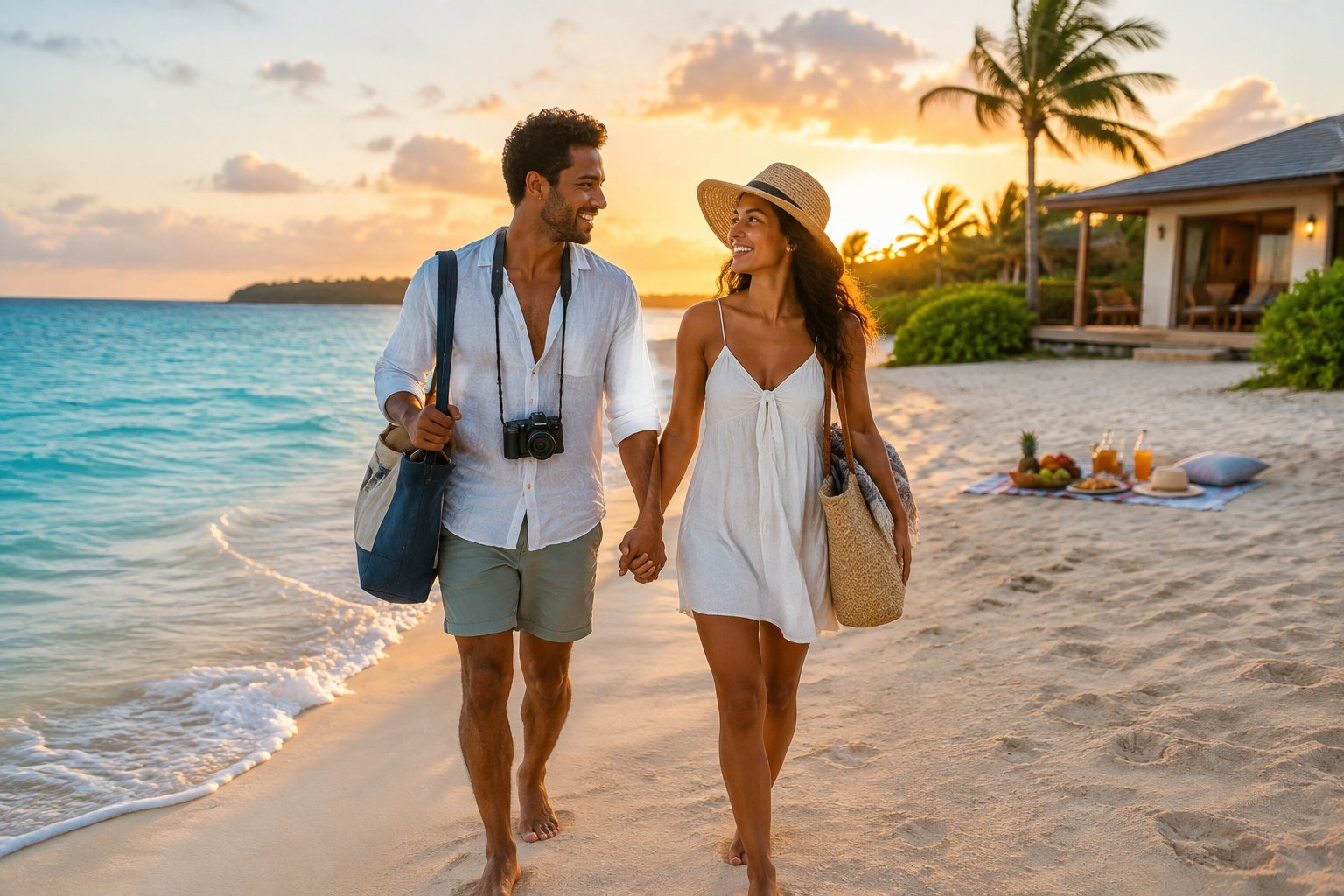 A newlywed couple walks hand in hand along a sunny tropical beach near a simple coastal villa.