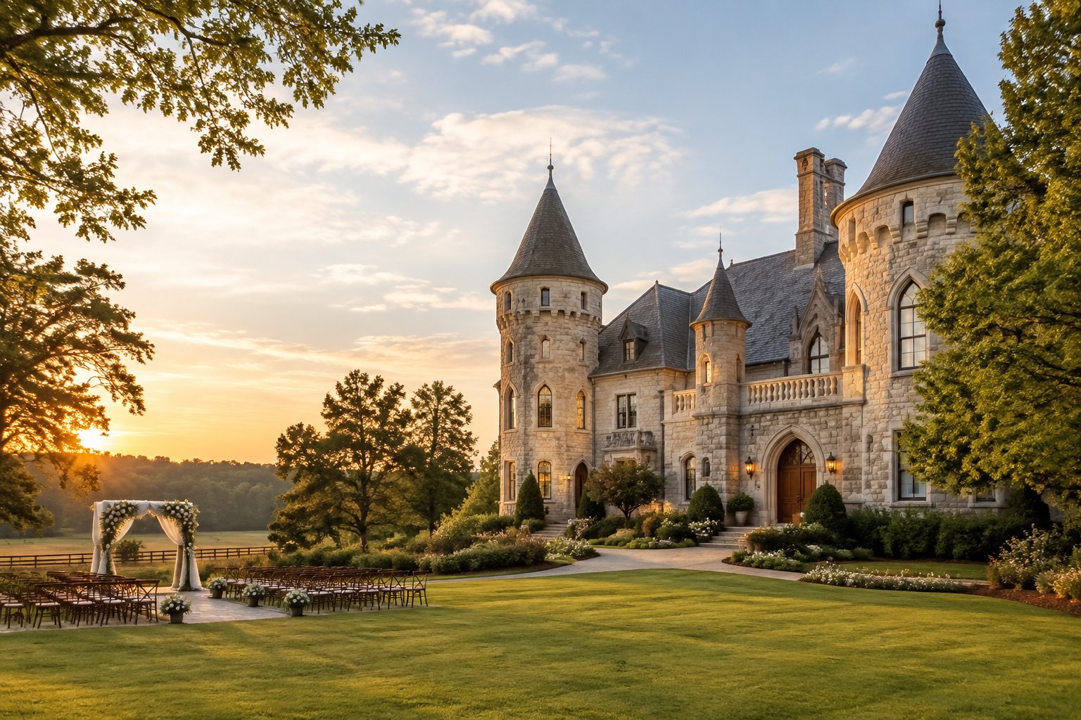 A stone castle-style wedding venue surrounded by lawns, trees, and elegant outdoor ceremony decorations.