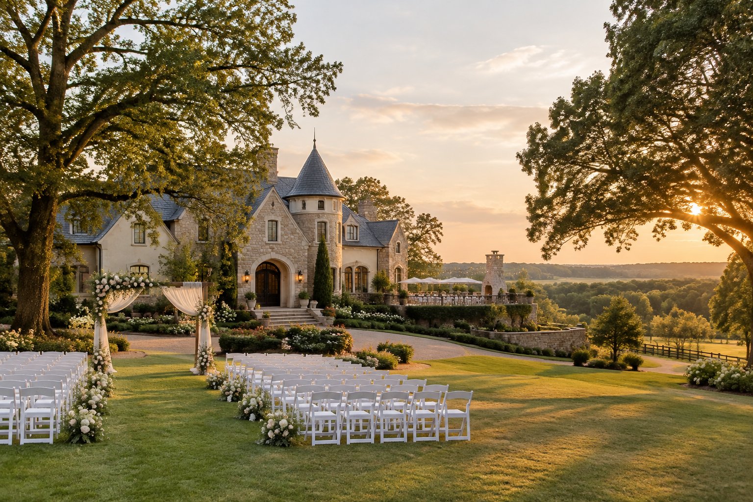 A castle-inspired wedding estate surrounded by gardens, oak trees, and manicured lawns.