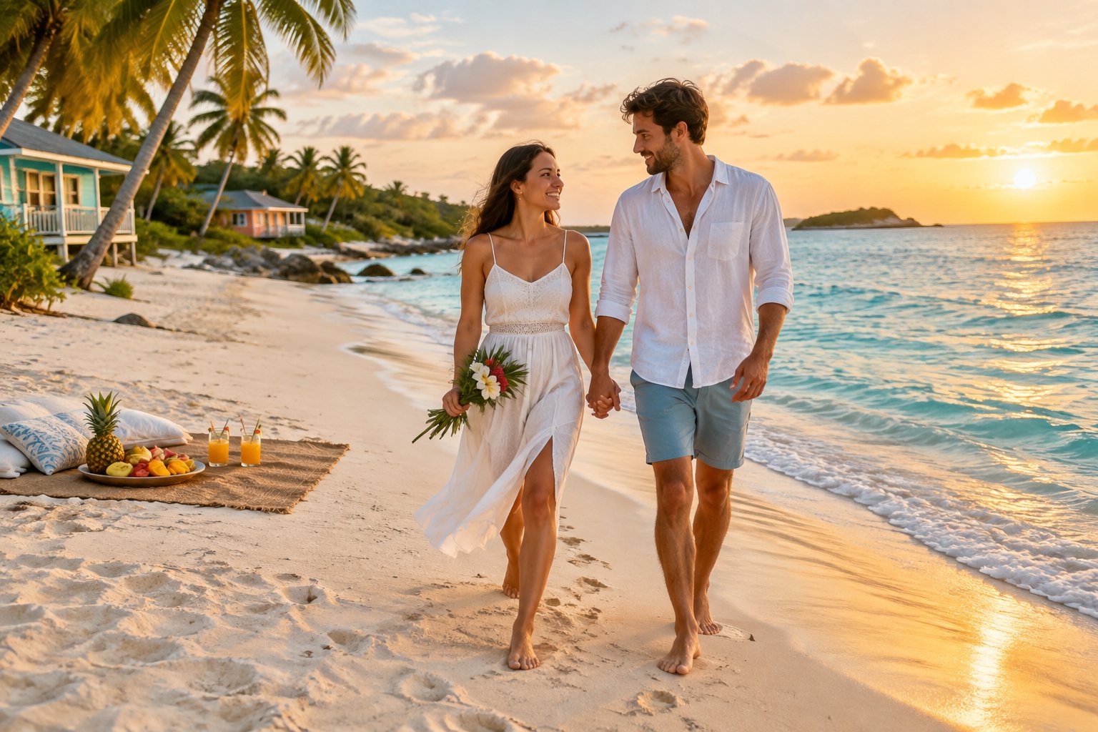 A newlywed couple walks hand in hand along a sunny tropical beach near simple beachfront cottages.