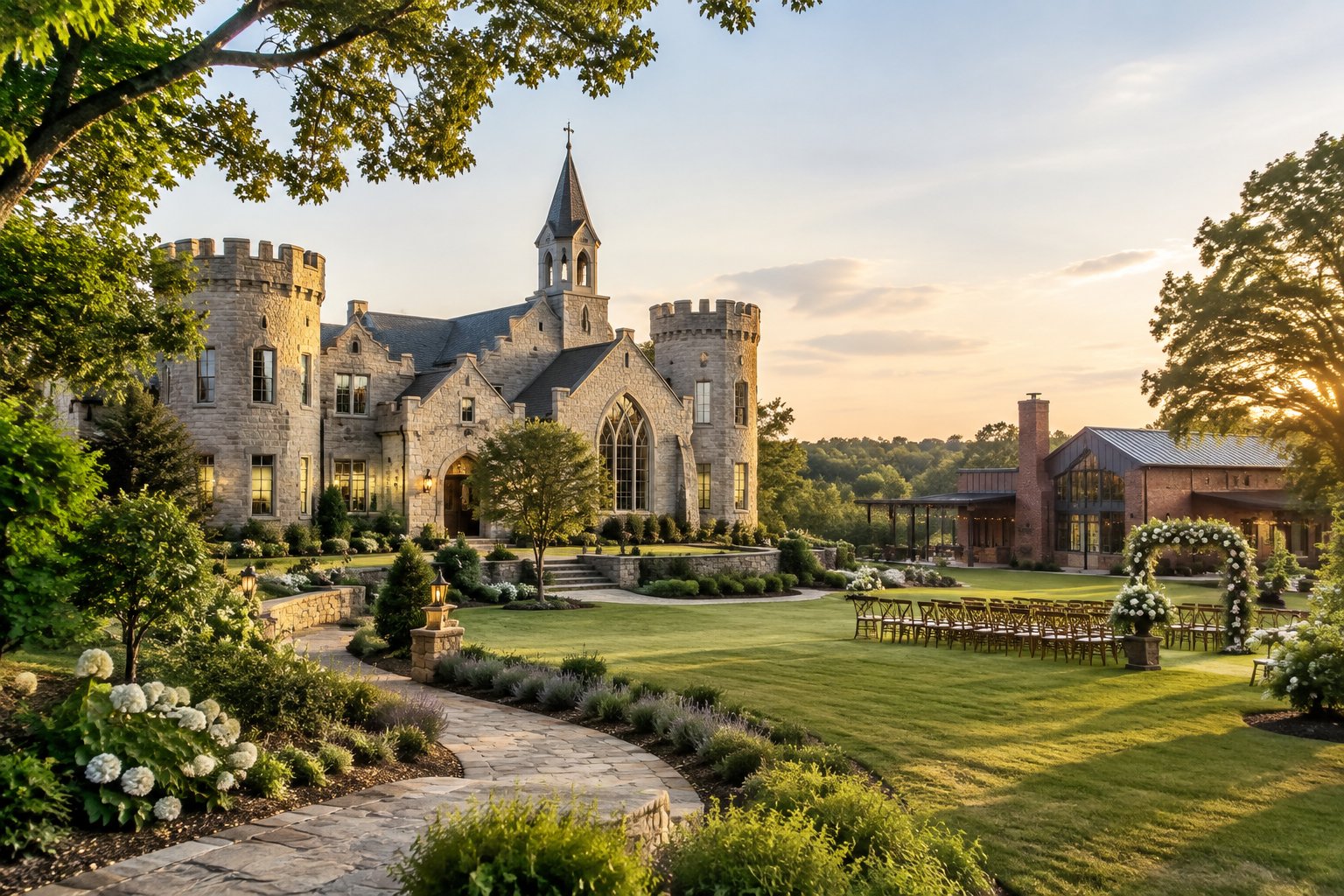 A historic castle-style wedding venue with chapel features, gardens, and a landscaped outdoor ceremony area.