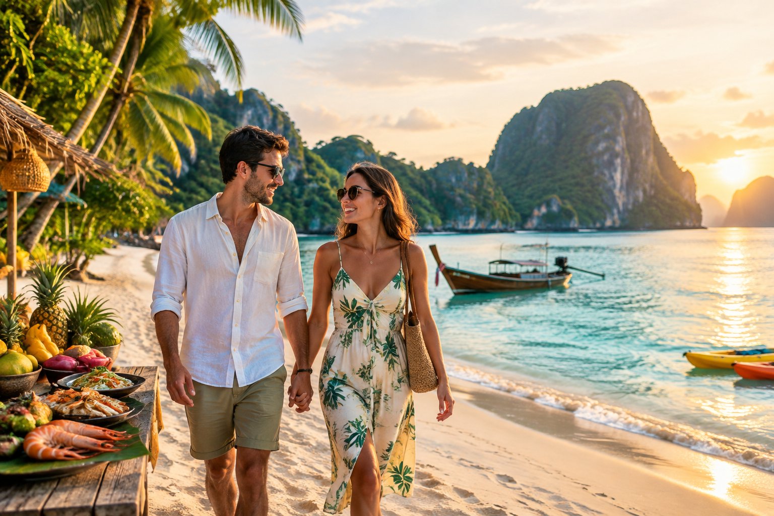 A newlywed couple walks hand in hand along a tropical Asian beach with turquoise water, green islands, local food, and a small boat nearby.
