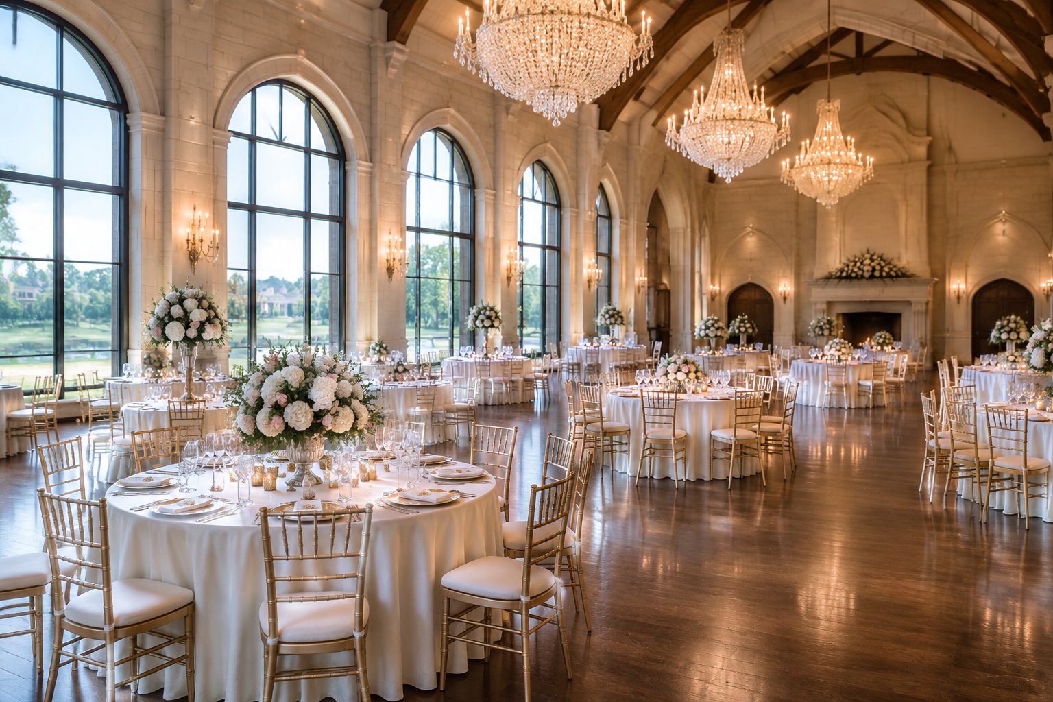 Elegant castle-inspired ballroom arranged for a grand wedding reception.