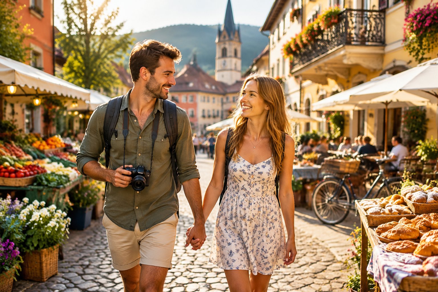 A newlywed couple walks hand in hand through a sunny historic European town with colorful buildings and a lively market.