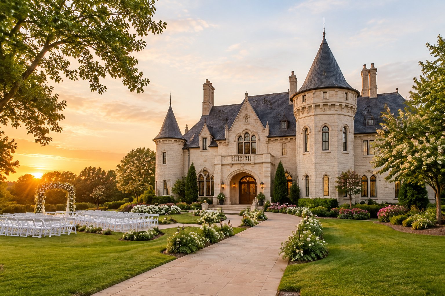 A grand castle-style wedding venue surrounded by gardens, lawns, and an outdoor ceremony area.