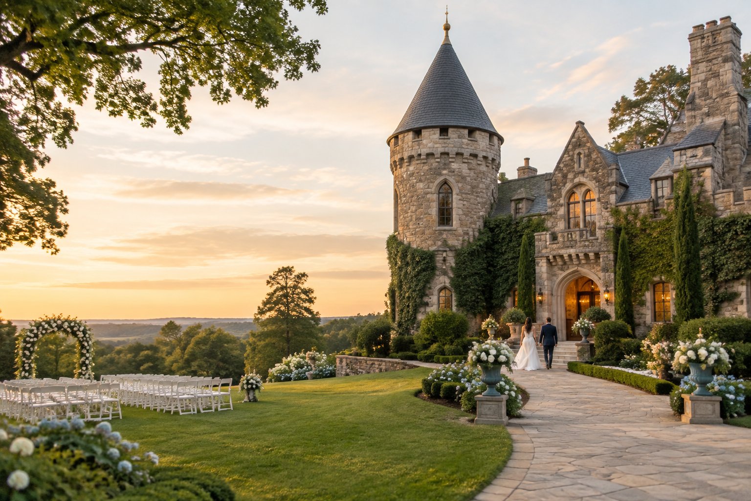 A castle-style wedding venue surrounded by landscaped grounds, floral arrangements, and outdoor ceremony chairs.