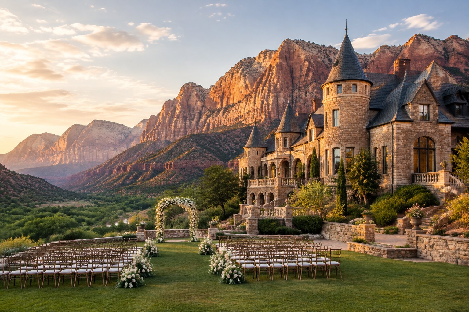 A castle-style wedding venue with outdoor ceremony decorations beneath the red cliffs of Zion National Park.
