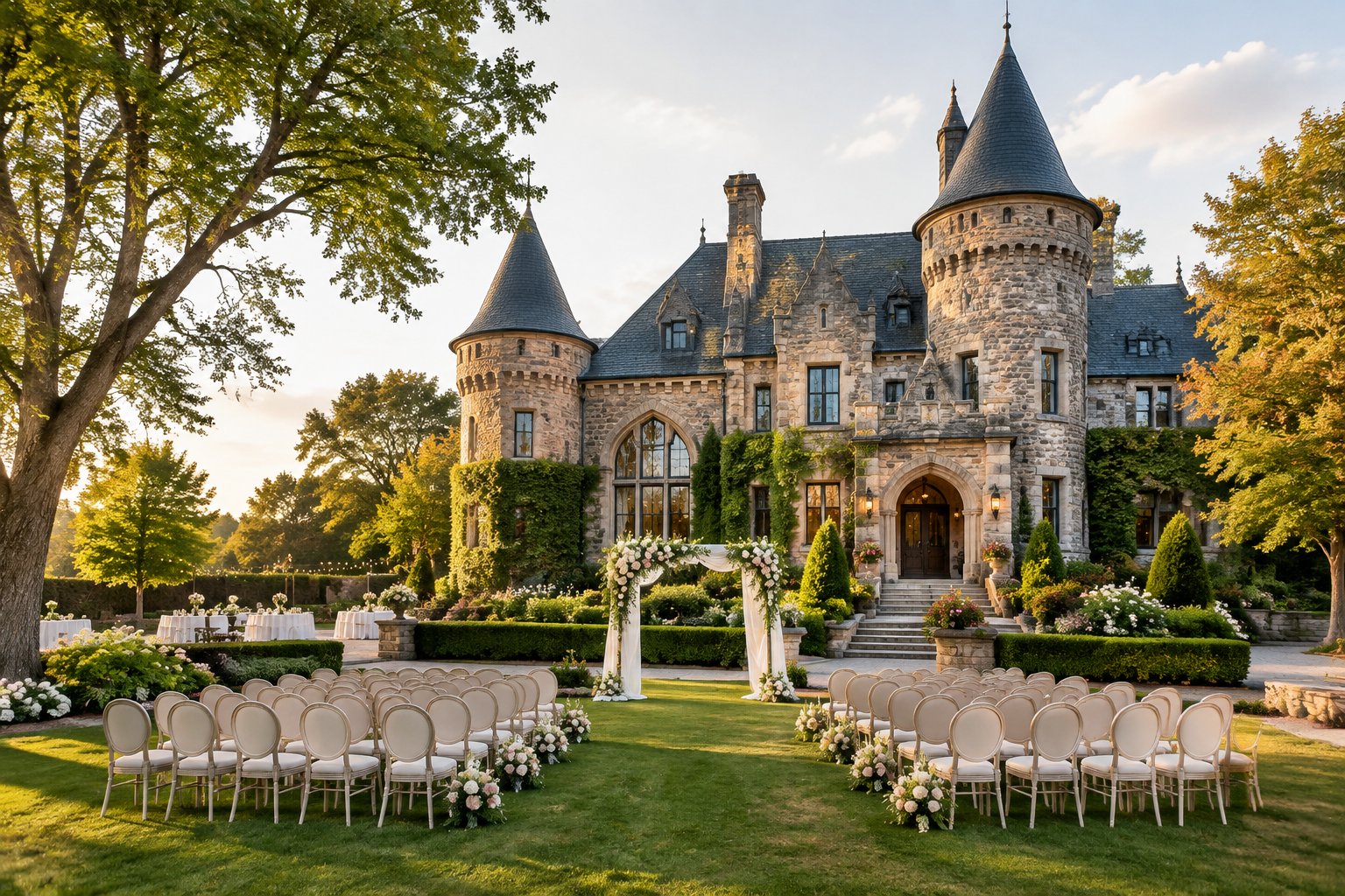 A stone castle-style wedding venue surrounded by gardens with an outdoor ceremony setup.