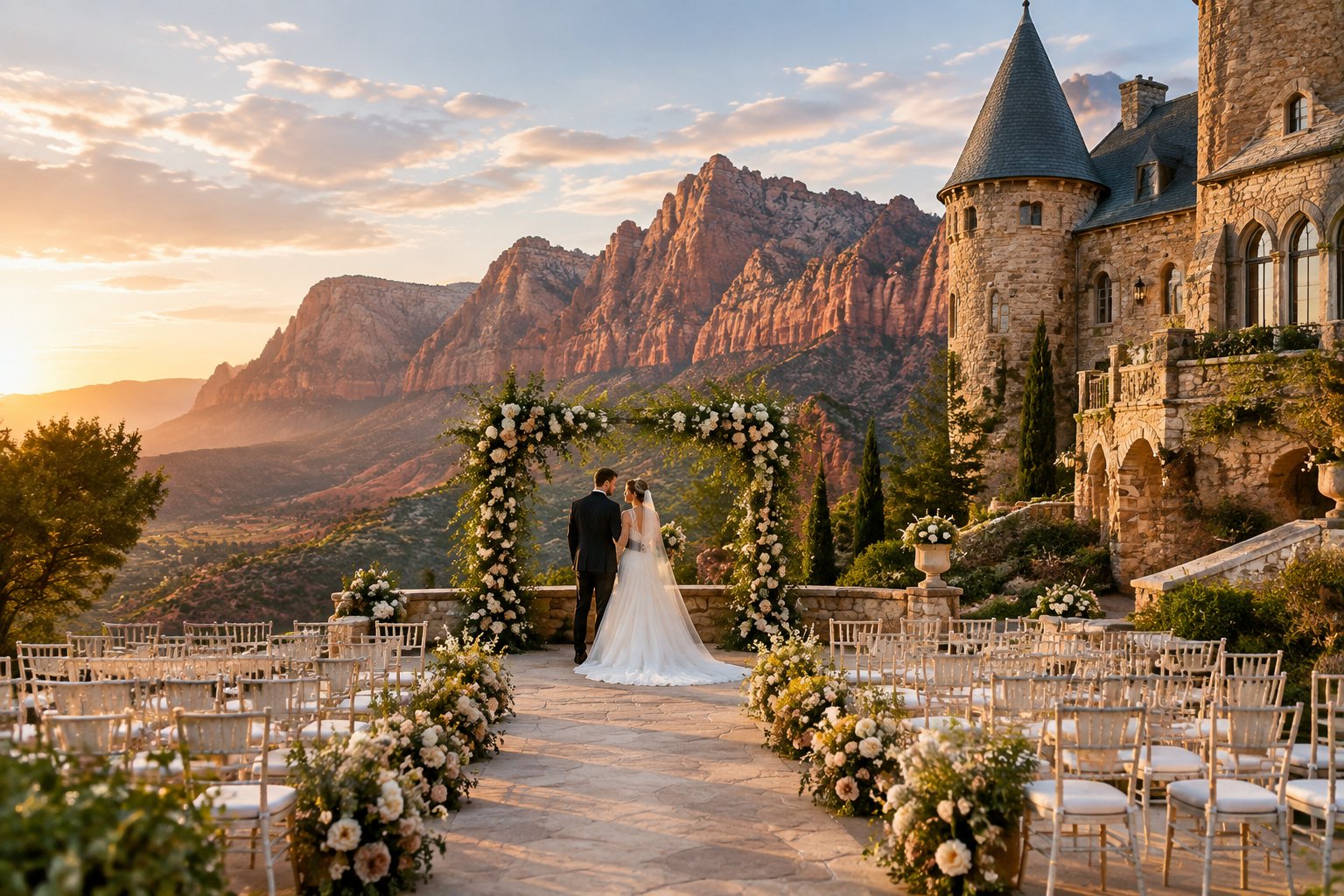 An elegant outdoor wedding ceremony takes place beside a stone castle with Zion’s red cliffs in the background.