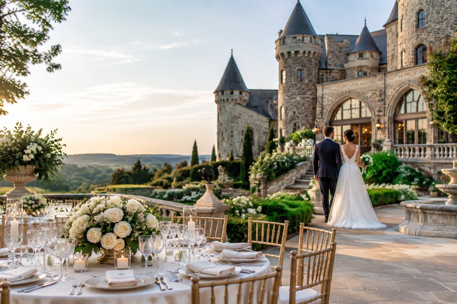 A couple stands in the garden of a grand castle-inspired wedding venue beside an elegant reception table.