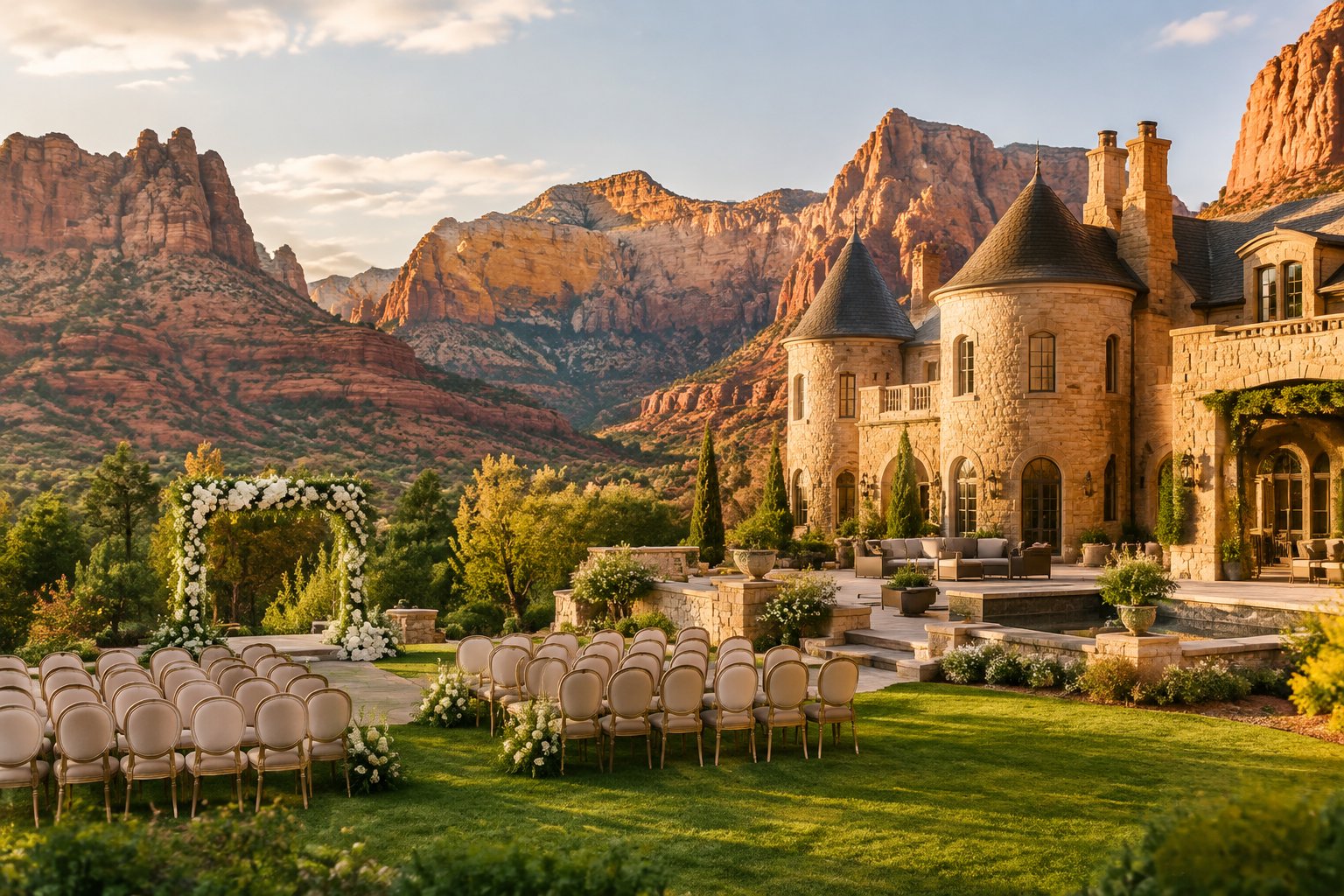 A grand stone castle estate and wedding lawn set before the red cliffs of Zion.