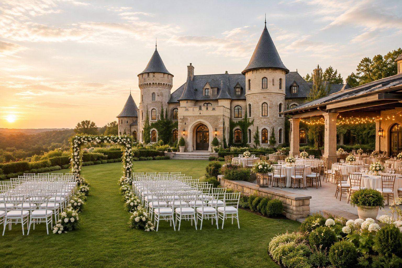 A castle-inspired wedding venue with a garden ceremony area and an elegant reception terrace.