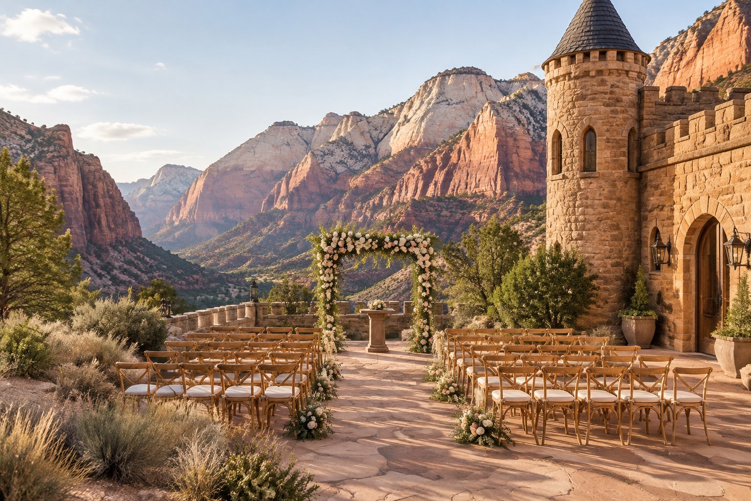 An elegant outdoor wedding ceremony setup beside a stone castle-style venue with Zion’s red cliffs in the background.