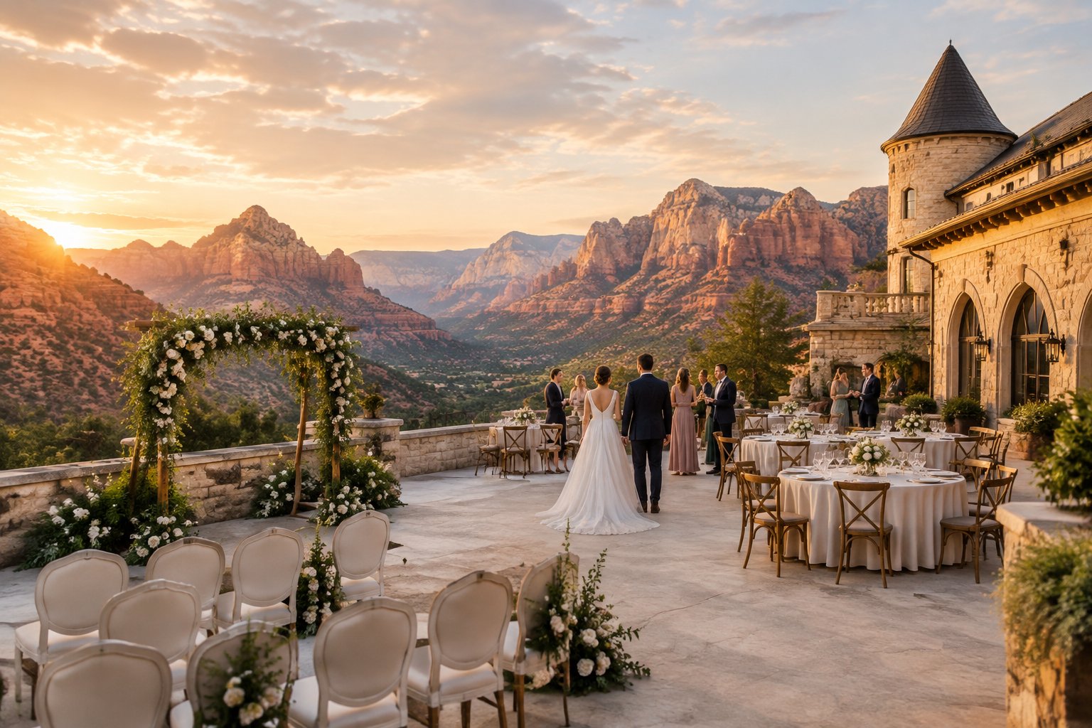 An elegant castle-style wedding venue near Zion with a small ceremony area, larger reception tables, and red rock cliffs in the background.