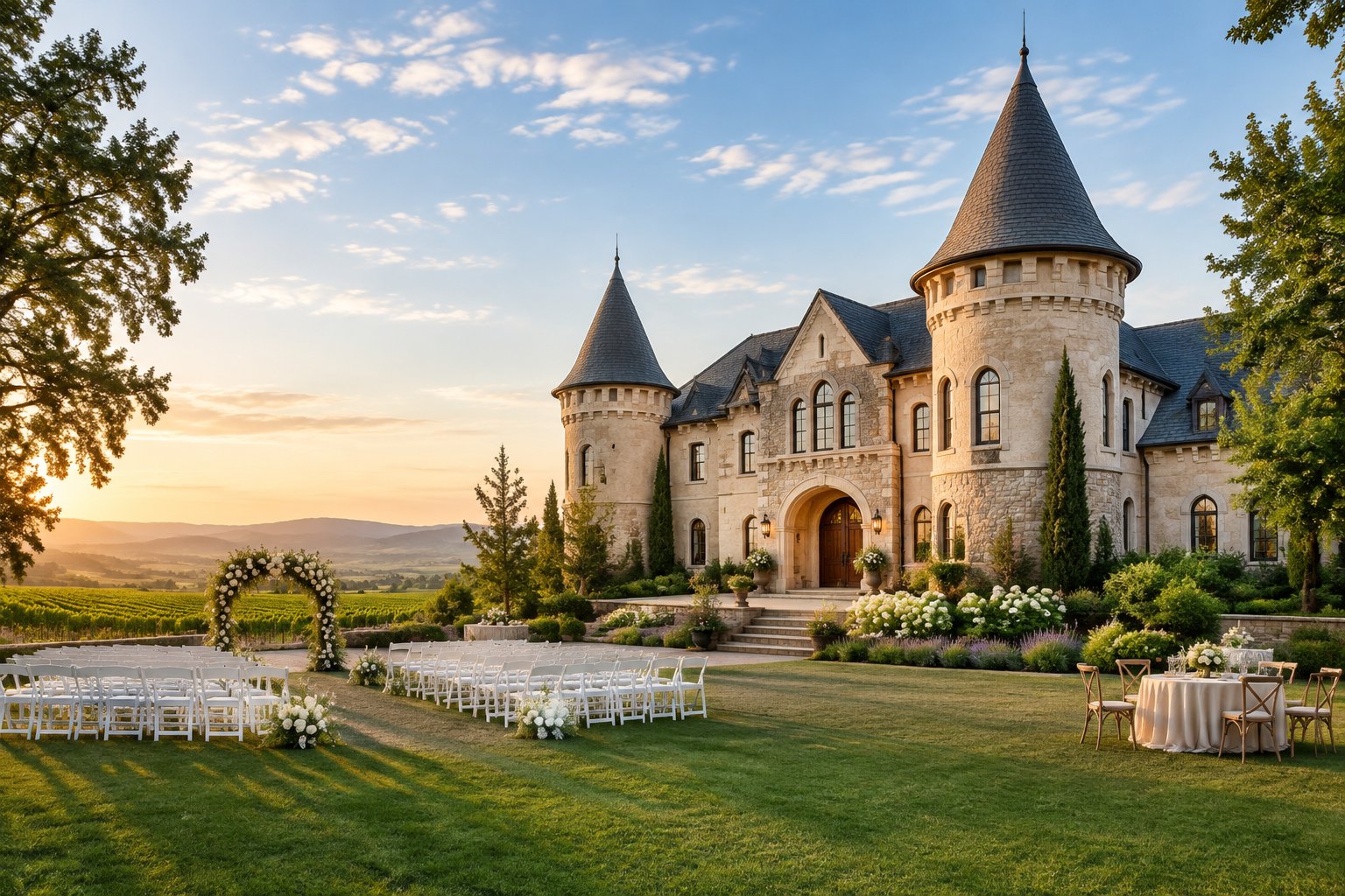 A castle-style wedding venue surrounded by landscaped gardens and rolling valley scenery.