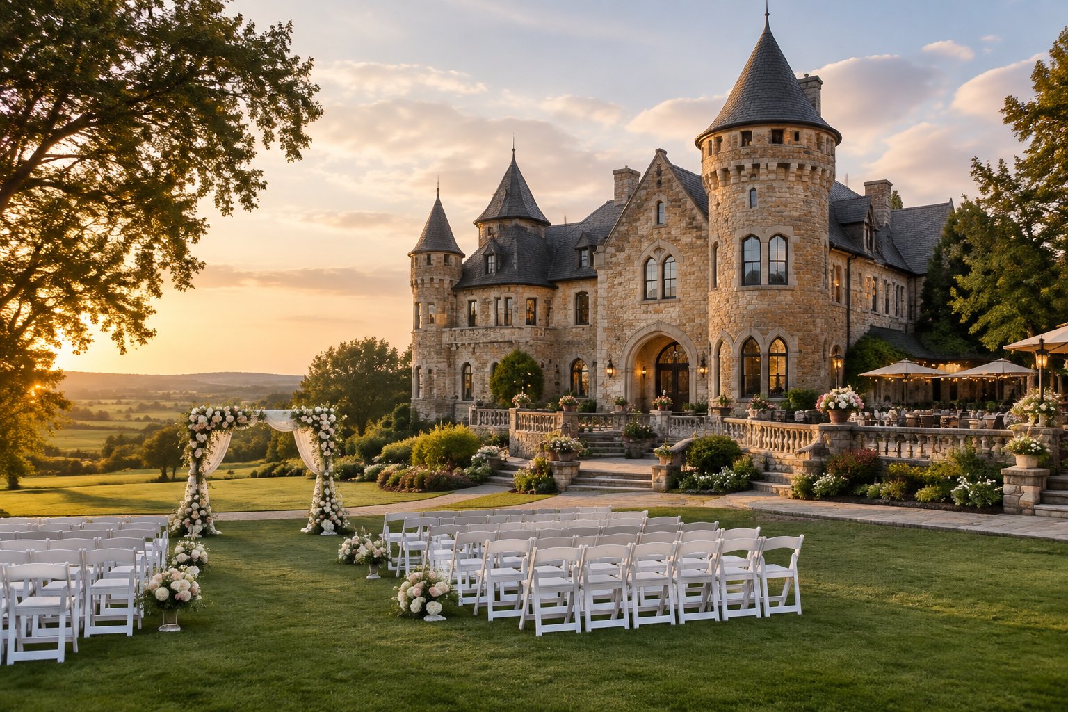 A stone castle wedding venue surrounded by green lawns, trees, and a decorated outdoor ceremony area.