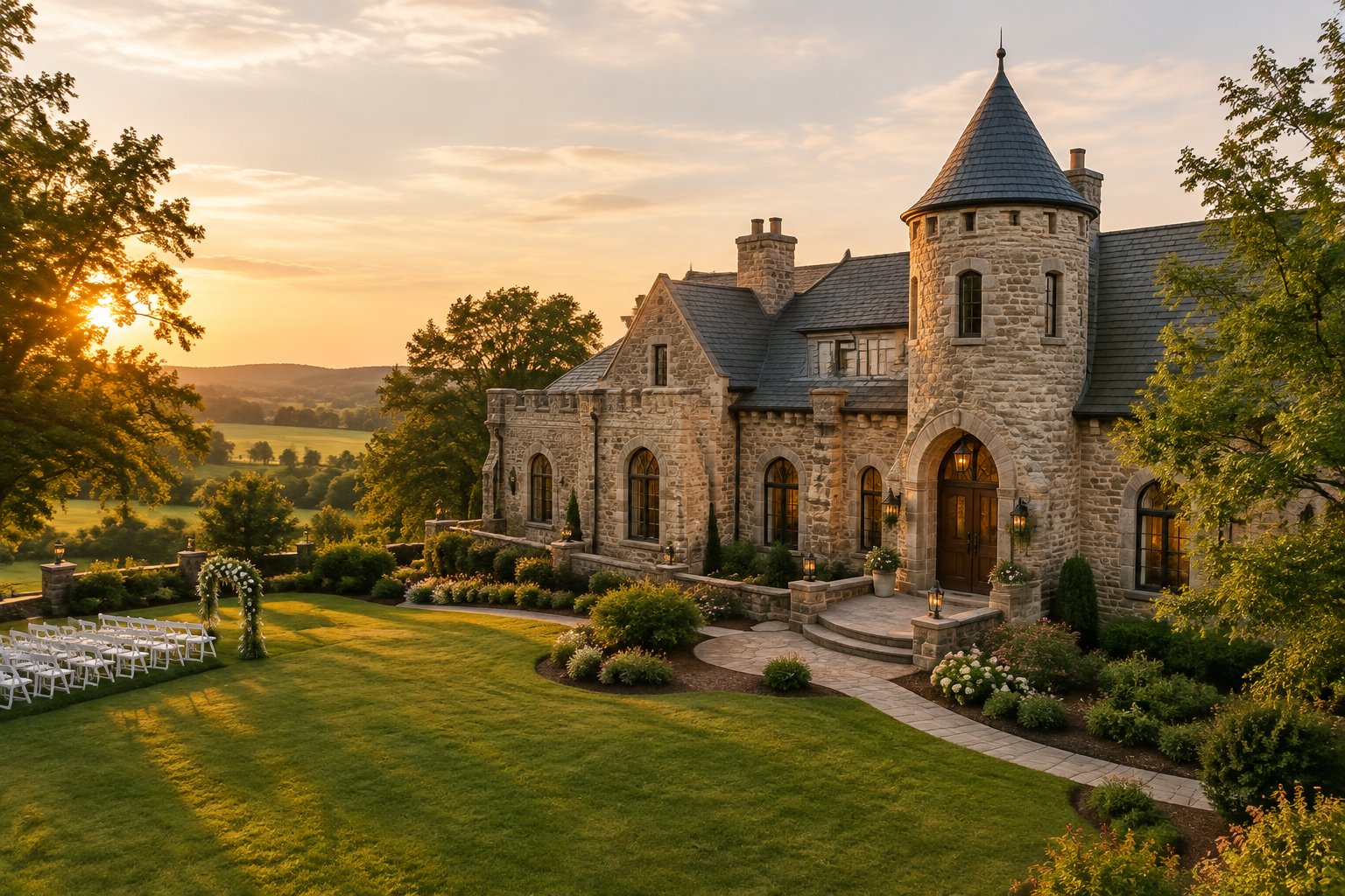 A stone castle-style wedding venue surrounded by gardens and trees on a sunny rural landscape.