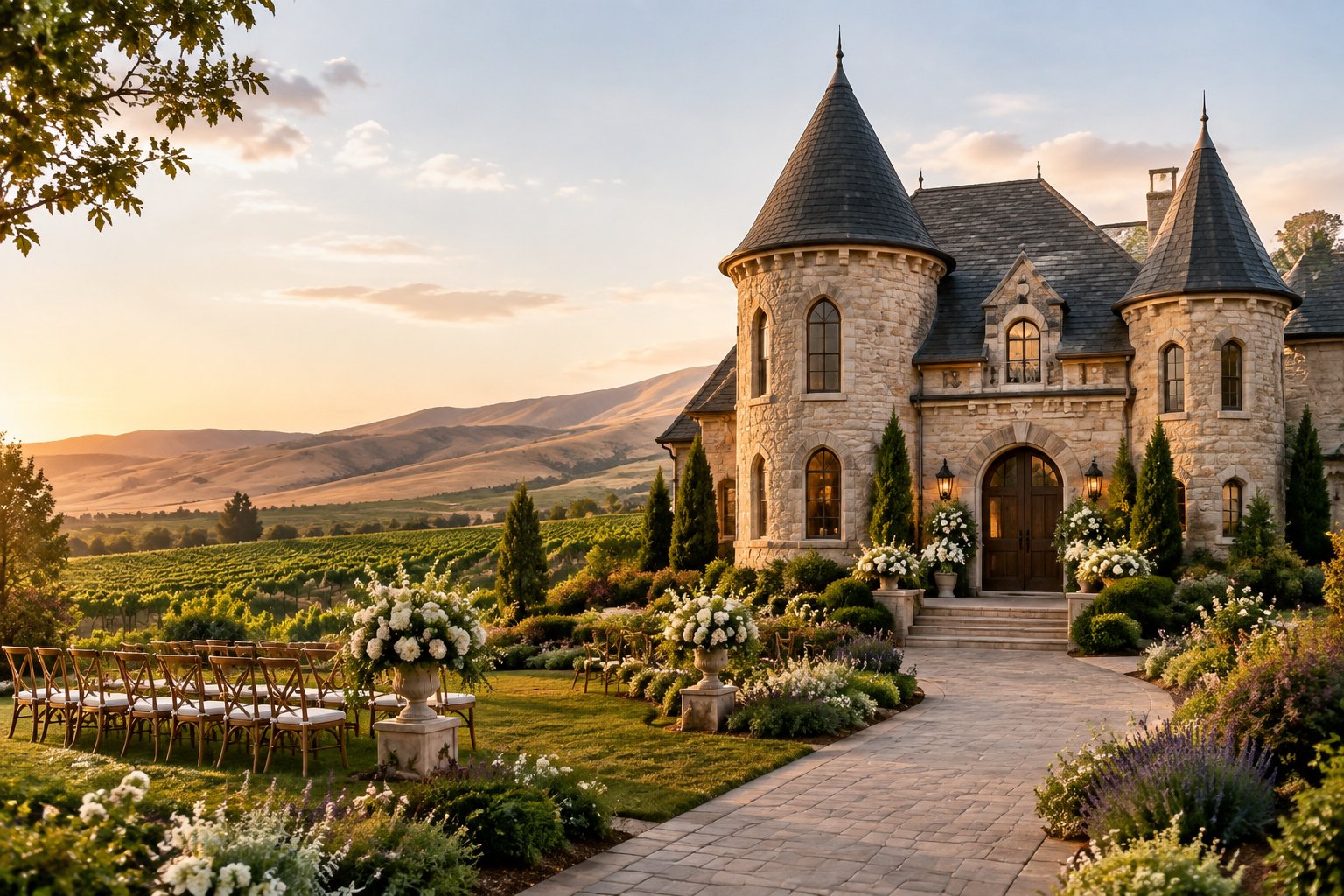 A castle-style wedding venue with turrets and gardens surrounded by the Yakima Valley landscape.